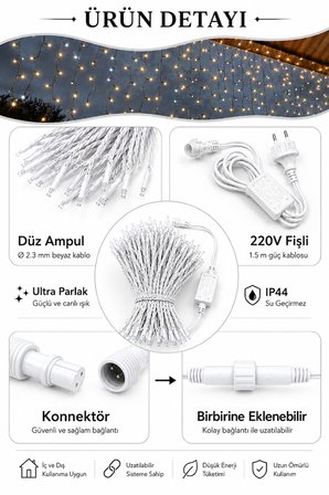 6 Metre 288 LED Perde Işık Sıcak Beyaz +Beyaz Flaşlı Fişli İç Ve Dış Mekan Dekoratif Saçak Aydınlatma IP44, Kafe Restoran Bahçe Teras