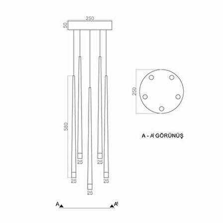 DCT83021Y-A 10W 3000K (Gün ışığı) 52cm 5 li Konik Boru Yuvarlak Tepsi Led Sarkıt Avize