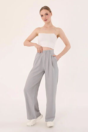 Kadın Gri Yüksek Bel Keten Palazzo Pantolon