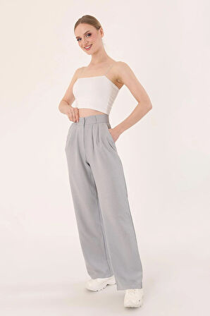 Kadın Gri Yüksek Bel Keten Palazzo Pantolon