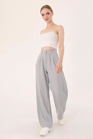 Kadın Gri Yüksek Bel Keten Palazzo Pantolon