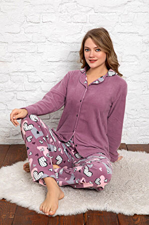 Nisanca Kadın Kışlık Welsoft Peluş Polar  Düğmeli Pijama Takımı