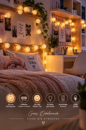 Deconitte 20 Rattan Top Şerit Led 4metre USB Kumandalı Yılbaşı Parti Organizasyon Ev Dekorasyon Işığı Aydınlatma