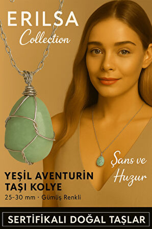 Sertifikalı Gümüş Tel Sargılı Doğal Aventurin Taşı Kolye – 25-30 mm Şans ve Denge Taşı