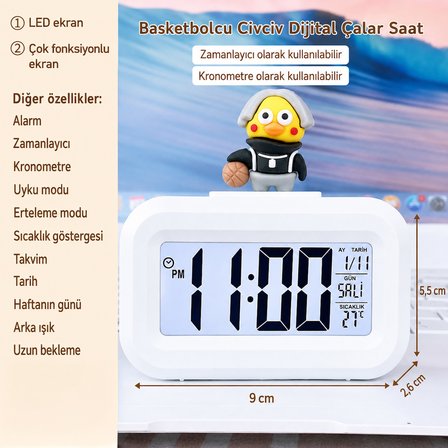 Basketbolcu Civciv Dijital Çalar Saat – LED Ekranlı, Çok Fonksiyonlu, Zamanlayıcı ve Kronometre Özellikli, Sıcaklık, Tarih ve Hafta Günü Göstergeli Masa Saati