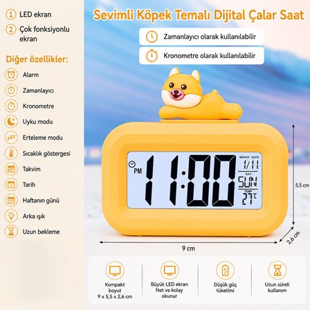 Sevimli Köpek Dijital Çalar Saat – LED Ekranlı, Çok Fonksiyonlu, Zamanlayıcı ve Kronometre Özellikli, Sıcaklık, Tarih ve Hafta Günü Göstergeli Masa Saati