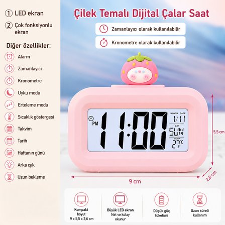 Çilek Temalı Dijital Çalar Saat – LED Ekranlı, Çok Fonksiyonlu, Zamanlayıcı ve Kronometre Özellikli, Sıcaklık, Tarih ve Hafta Günü Göstergeli Masa Saati