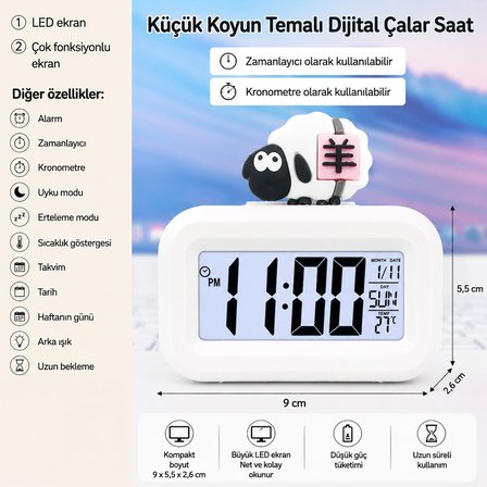 Küçük Koyun Dijital Çalar Saat – LED Ekranlı, Çok Fonksiyonlu, Zamanlayıcı ve Kronometre Özellikli, Sıcaklık, Tarih ve Hafta Günü Göstergeli Masa Saati