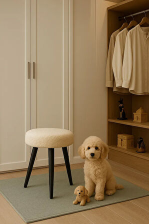 Cozy Peluş Puf Dekoratif Ahşap 3 Siyah Ayaklı Tabure Şık Konforlu Yumuşacık Modern ve Rahat Oturak