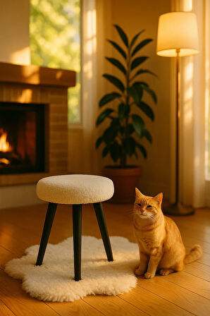 Cozy Peluş Puf Dekoratif Ahşap 3 Siyah Ayaklı Tabure Şık Konforlu Yumuşacık Modern ve Rahat Oturak