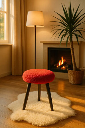 Cozy Peluş Puf Dekoratif Ahşap 3 Siyah Ayaklı Tabure Şık Konforlu Yumuşacık Modern ve Rahat Oturak