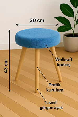 Cozy Peluş Puf Dekoratif Ahşap 3 Ayaklı Tabure Şık Konforlu Yumuşacık Modern ve Rahat Oturak