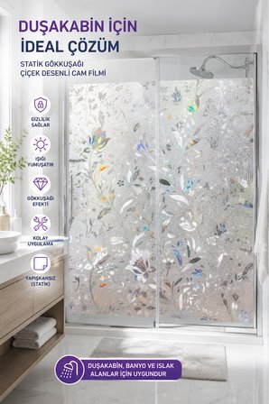 Deconitte Gökkuşağı Efektli Çiçek Desenli Buzlu Statik Cam Filmi Yapışkansız Dekoratif Pencere Kaplama, Duşakabin, Kumlama 60cmX100cm