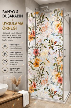 Deconitte Gökkuşağı Efektli Renkli Çiçek Desenli Buzlu Statik Cam Filmi Yapışkansız Dekoratif Pencere Kaplama, Duşakabin, 60cmX100cm