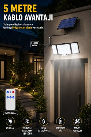 348 LED Solar Duvar Lambası, Güneş Enerjili Dış Mekan Aydınlatma, 5 Metre Kablolu Solar Panel, Hareket Sensörlü, Kumandalı, IP65 Su Geçirmez