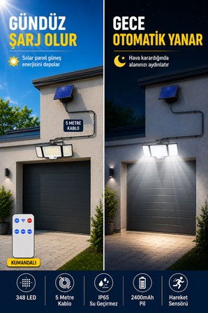 348 LED Solar Duvar Lambası, Güneş Enerjili Dış Mekan Aydınlatma, 5 Metre Kablolu Solar Panel, Hareket Sensörlü, Kumandalı, IP65 Su Geçirmez