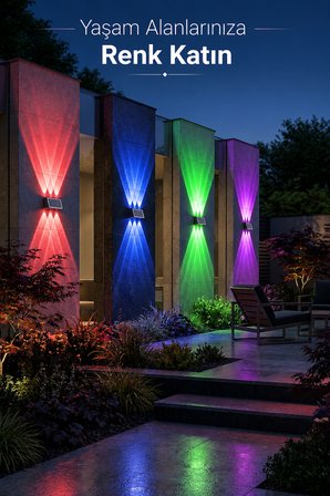 Güneş Enerjili RGB Solar Aplik 6 LED, Renkli Işıklı Otomatik Yanan Dış Mekan Duvar Lambası, Bahçe Balkon Teras Aydınlatması(1 Adet)