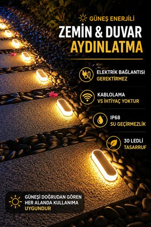 1 Adet Solar Güneş Enerjili Premium Kalite, 30 LED'li Dekoratif Zemin, Bahçe ve Peyzaj Aydınlatma – IP68 Su Geçirmez, Sarı Işık