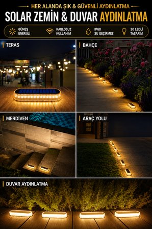 1 Adet Solar Güneş Enerjili Premium Kalite, 30 LED'li Dekoratif Zemin, Bahçe ve Peyzaj Aydınlatma – IP68 Su Geçirmez, Sarı Işık