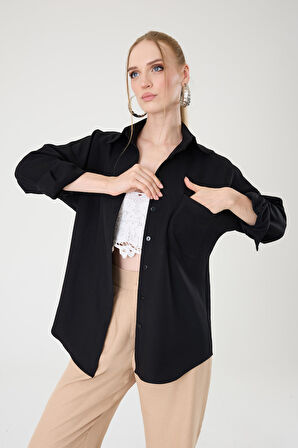 Tek Cepli Oversize Keten Gömlek- Siyah