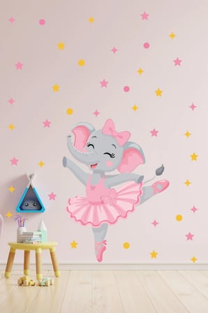 Sevimli Balerin Fil Duvar Sticker Seti, Yıldız ve Puantiye Figürlü Bebek Odası Dekoratif Folyosu