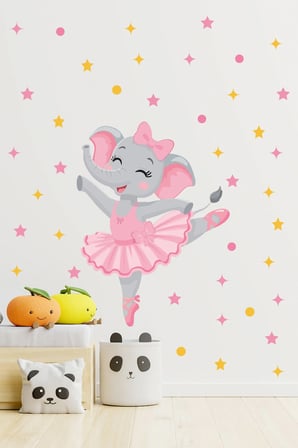 Sevimli Balerin Fil Duvar Sticker Seti, Yıldız ve Puantiye Figürlü Bebek Odası Dekoratif Folyosu