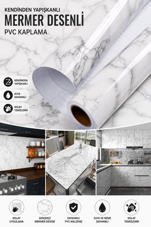 Deconitte Kendinden Yapışkanlı Beyaz Mermer Desenli PVC Kaplama Folyo Tezgah Masa Dolap 60x100cm