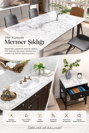 Deconitte Kendinden Yapışkanlı Beyaz Mermer Desenli PVC Kaplama Folyo Tezgah Masa Dolap 60x100cm