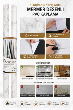 Deconitte Kendinden Yapışkanlı Beyaz Mermer Desenli PVC Kaplama Folyo Tezgah Masa Dolap 60x100cm