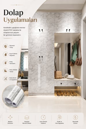 Deconitte Kendinden Yapışkanlı Beyaz Mermer Desenli PVC Kaplama Folyo Tezgah Masa Dolap 60x100cm