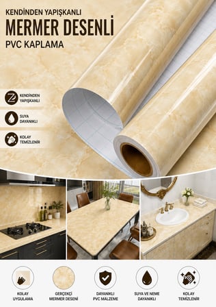 Deconitte Kendinden Yapışkanlı Sarı Mermer Desenli PVC Kaplama Folyo Tezgah Masa Dolap 60x100cm