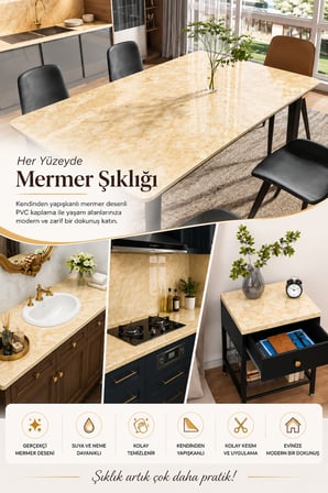 Deconitte Kendinden Yapışkanlı Sarı Mermer Desenli PVC Kaplama Folyo Tezgah Masa Dolap 60x100cm