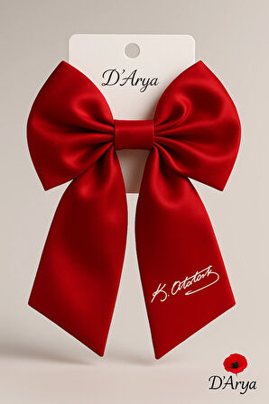 DD1011 Kırmızı Atatürk İmzalı Saten Fiyonk Toka (14 cm) Bayrak