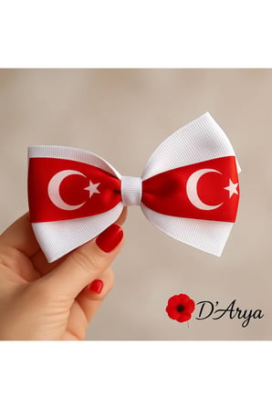DD2304 Türk Bayraklı Fiyonk Saç Tokası (8 cm) Kırmızı Beyaz