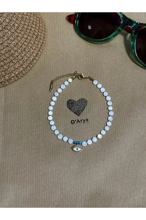 DD233 Beyaz Boncuk Gold Rengi Detaylı Nazar Boncuğu Charm El Yapımı Halhal