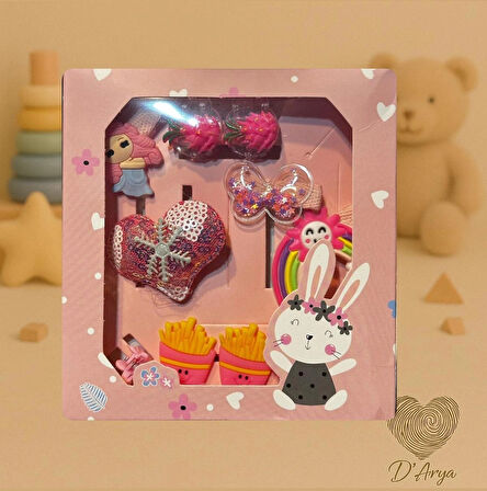 DD238 Pembe Temalı 7’li Bebek & Çocuk Saç Tokası Seti Kalp Tavşan Gökkuşağı