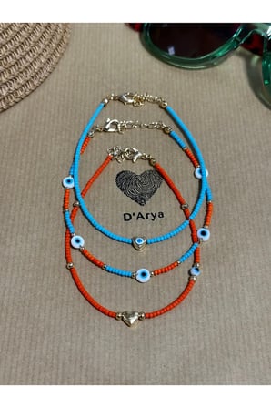 DD316 Nazar Detaylı Kalpli Renkli Boncuk Halhal 3’lü Set El Yapımı