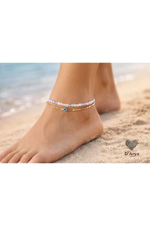 DD323 2’li Pastel Boncuklu & Gold Nazar Boncuklu Halhal Seti