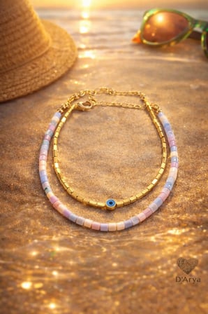 DD323 2’li Pastel Boncuklu & Gold Nazar Boncuklu Halhal Seti