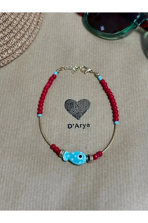 DD326 Mavi Balık Figürlü Kırmızı Boncuklu Gold Halhal El Yapımı