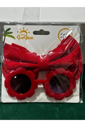 Kırmızı Fiyonk Bandana ve Çiçek Formlu Çocuk Gözlük Seti – Kız Çocuk Bebek Aksesuarı DD351