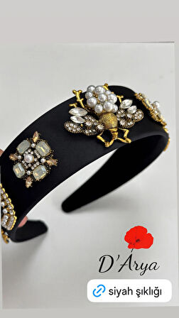 DD508 Siyah Deri İncili Arı Kare Taş Kadın Taç Davet Abiye Düğün