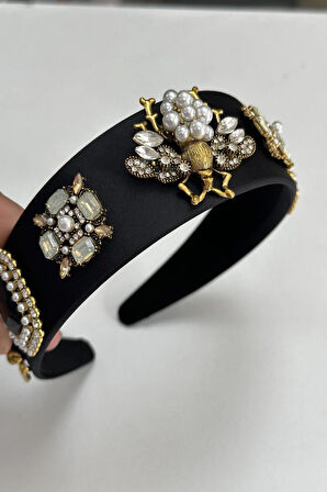 DD508 Siyah Deri İncili Arı Kare Taş Kadın Taç Davet Abiye Düğün