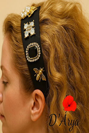 DD508 Siyah Deri İncili Arı Kare Taş Kadın Taç Davet Abiye Düğün