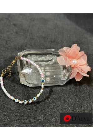 DD570 Mini Pembe Beyaz Nazar Boncuklu Gold Detaylı Bileklik