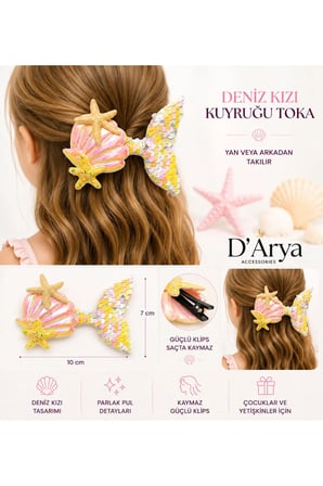 DD68 Sarı Payetli Deniz Kızı Kuyruğu Deniz Yıldızı ve Deniz Kabuğu Kız Çocuk Saç Tokası (9 cm)