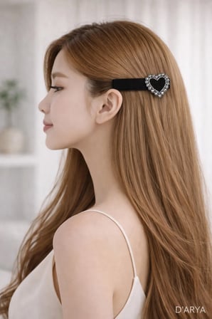 D’Arya Siyah Kadife Taşlı Kalp Detaylı Vintage K-Beauty Saç Tokası – Heart Hair Clip DD768