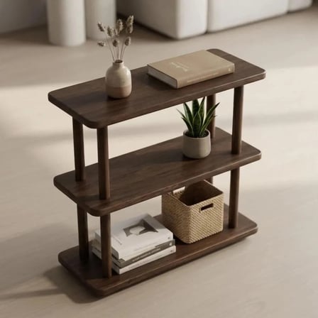 furnirem dar masif ahşap 3 katlı yan sehpa | koyu ceviz | yer tasarruflu ince tasarım