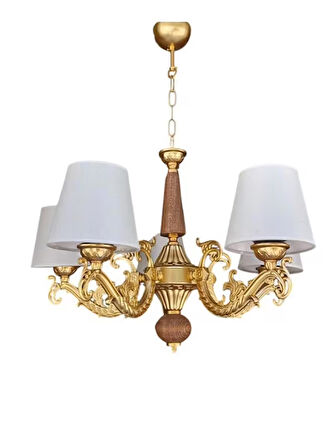 DOĞAL AHŞAPLI YARIMAT GOLD BOYALI BEŞ KOLLU KREM ŞAPKALI AVİZE