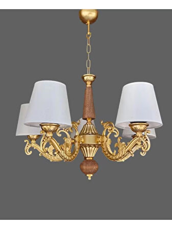 DOĞAL AHŞAPLI YARIMAT GOLD BOYALI BEŞ KOLLU KREM ŞAPKALI AVİZE